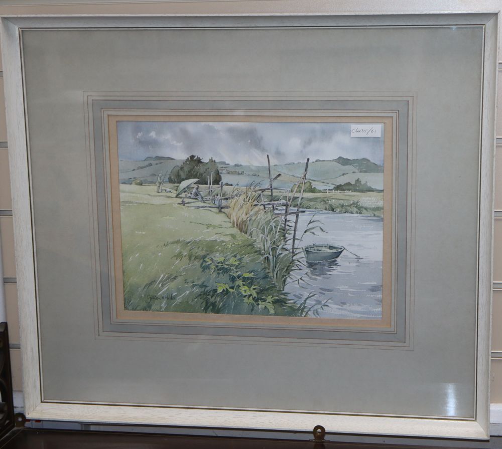 Gillian M Hobbs, watercolour, Angler on a river bank, signed, 18 x 37cm